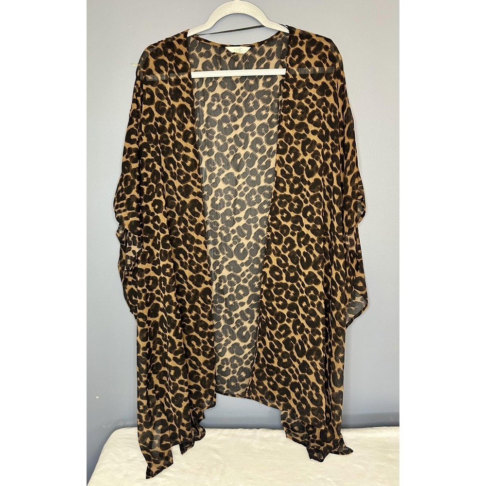 Terra & Sky Kimono Top Womens 2X Brown Leopard Sheer Chiffon Open Front Plus
